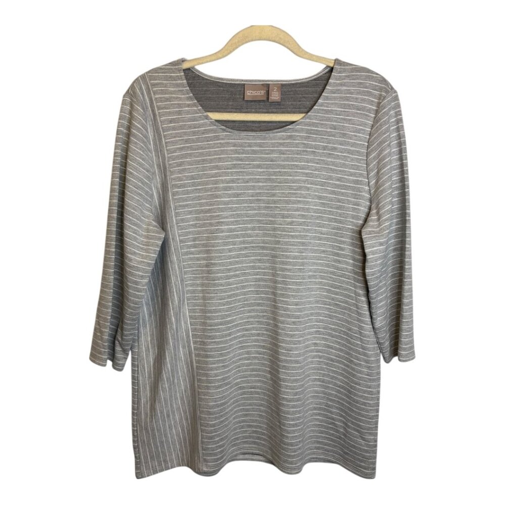 Chico's Blouse Women's Size Large Tunic Stripes Gray White Chicos 2